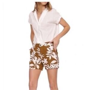 Old Navy Linen Blend Shorts Womens 12 Everyday Shorts Brown White Leaf Tropical
